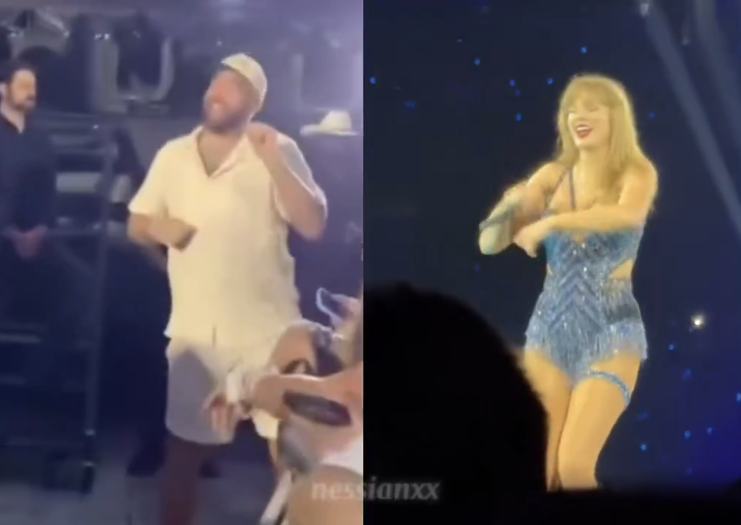 Taylor Swift and Travis Kelce dancing.