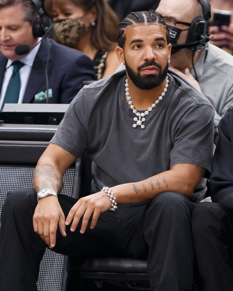 Rapper Drake attends the NBA game between the Toronto Raptors and the Los Angeles Lakers at Scotiabank Arena on March 18, 2022 in Toronto.