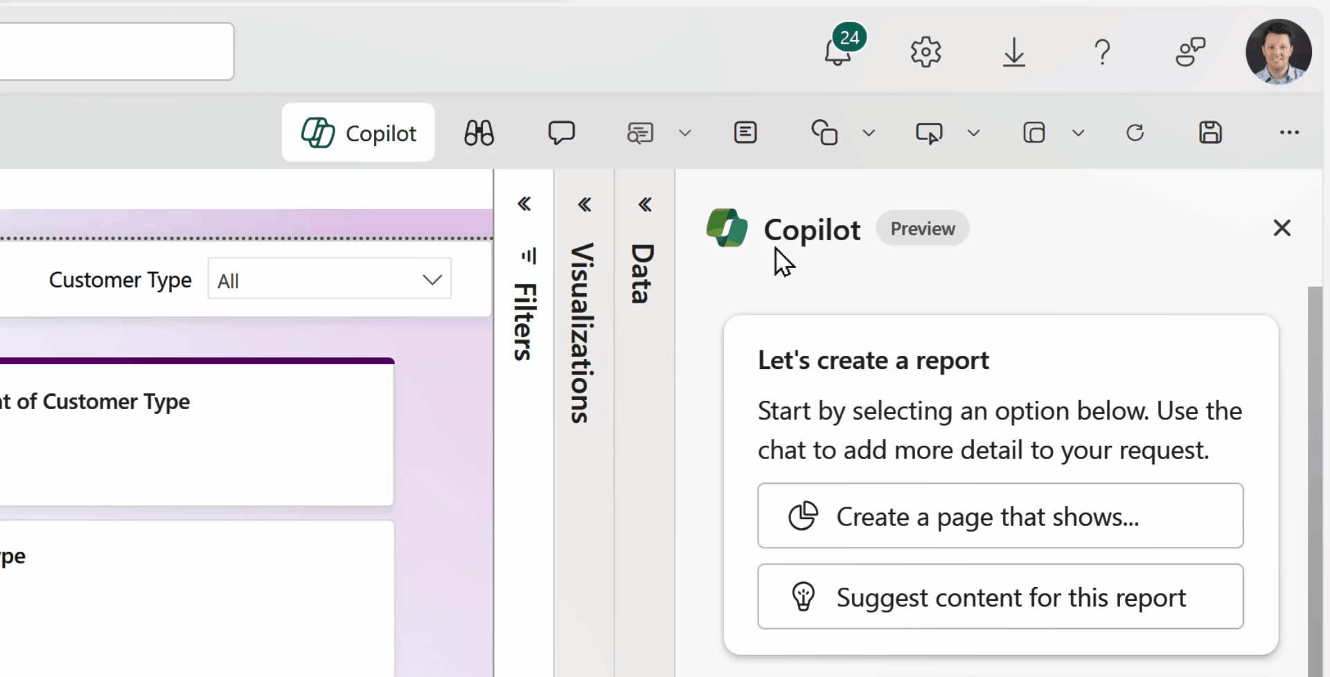 The image is a Graphics Interchange Format showing a user clicking the "Suggest content for the reader" Copilot button and then showing the report that Copilot has created 