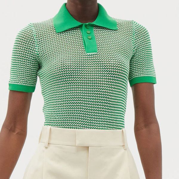 Bottega Veneta Striped Cotton-Blend Knitted Polo Top