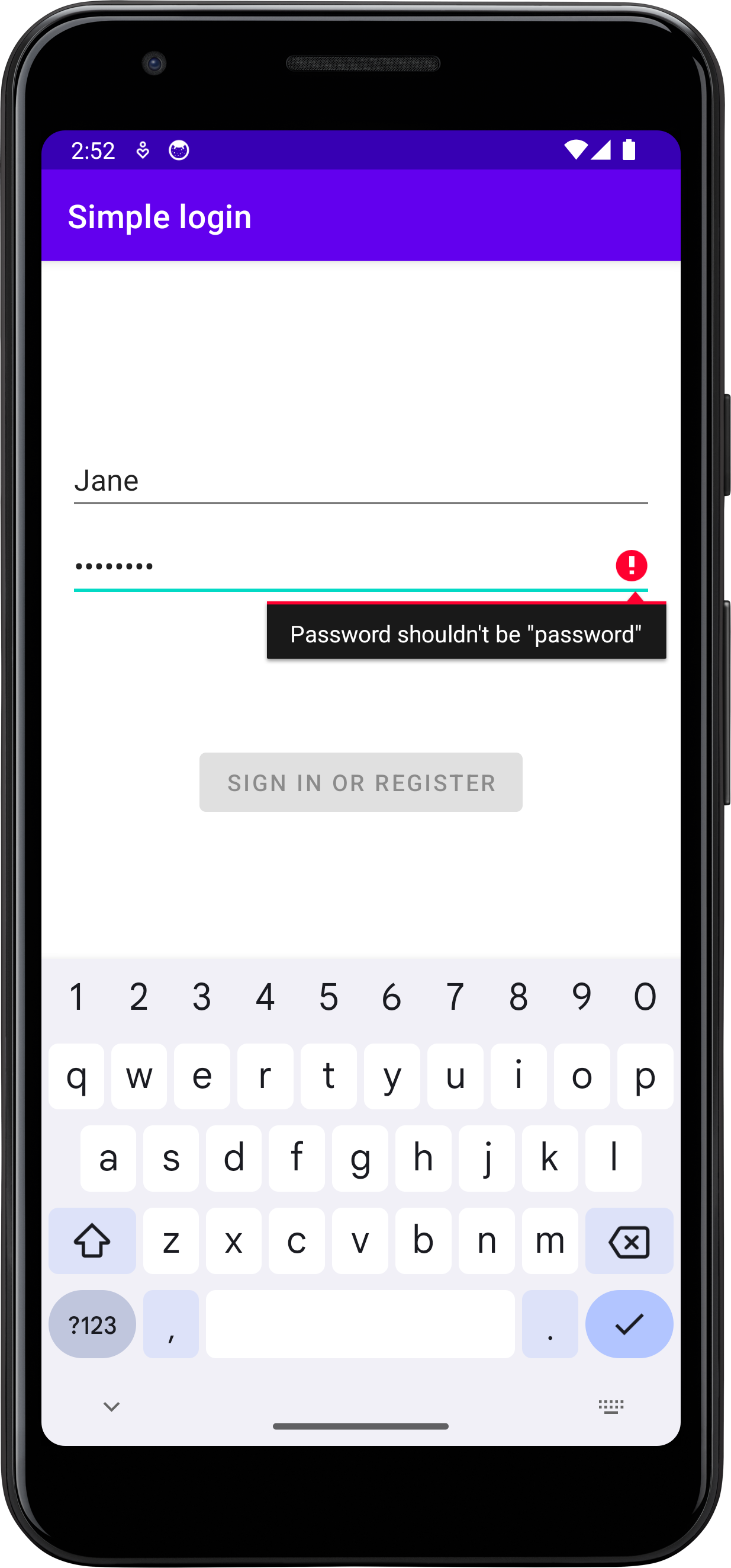 Android application password error