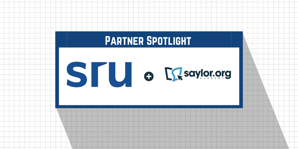 SR University and Saylor Academy logos with plus sign. SR University logo is an image of the letters "s r u" lower case, enlarged and in blue. Saylor Academy logo is an open book outline with an arrow cursor over the outline.