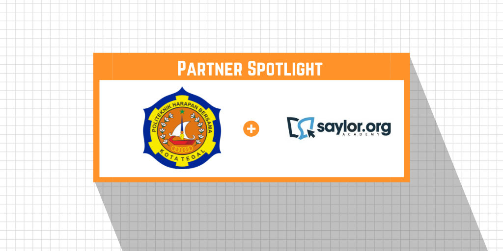 Politeknik Harapan Bersama and Saylor Academy logos. Politeknik logo is a round orange, yellow and blue crest with the institution name, a ship and flowers in the center. Saylor Academy logo is an open book outline with an arrow cursor in the center.