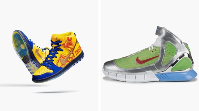 Finnigan Moodey's 2012 SB Dunk High (left) and Kenny Clegg's 2007 Buzz Lightyear-themed Air Zoom Huarache 2K5 are two of the highlights of Nike's Doernbecher Freestyle 20th anniversary auction.