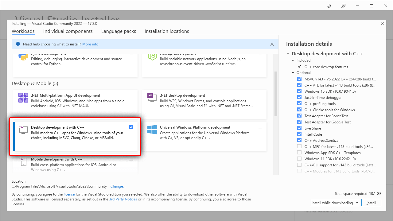 Select the C++ Workload