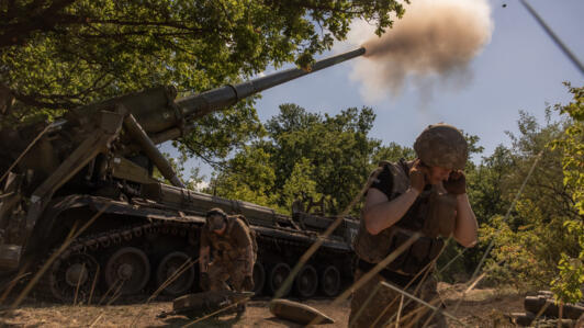 Ukrainian servicemen of the 43rd Artillery Brigade fire self-propelled artillery 2S7 Pion toward Russian positions, in an undisclosed area, in the Pokrovsk district, in the eastern Donetsk region, on 