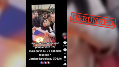 According to widely shared social media posts, this image, posted on June 14, 2024, shows a Muslim woman burning a French flag in France. It turns out, the scene actually took place in Morocco.