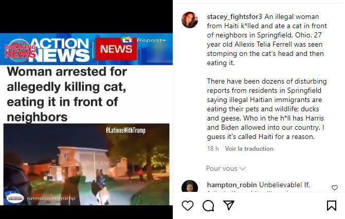 A pro-Trump Instagram account started circulating the rumor on September 9 that an undocumented Haitian immigrant ate a cat in the town of Springfield, Ohio. The video actually has nothing to do with the Haitian community in Springfield