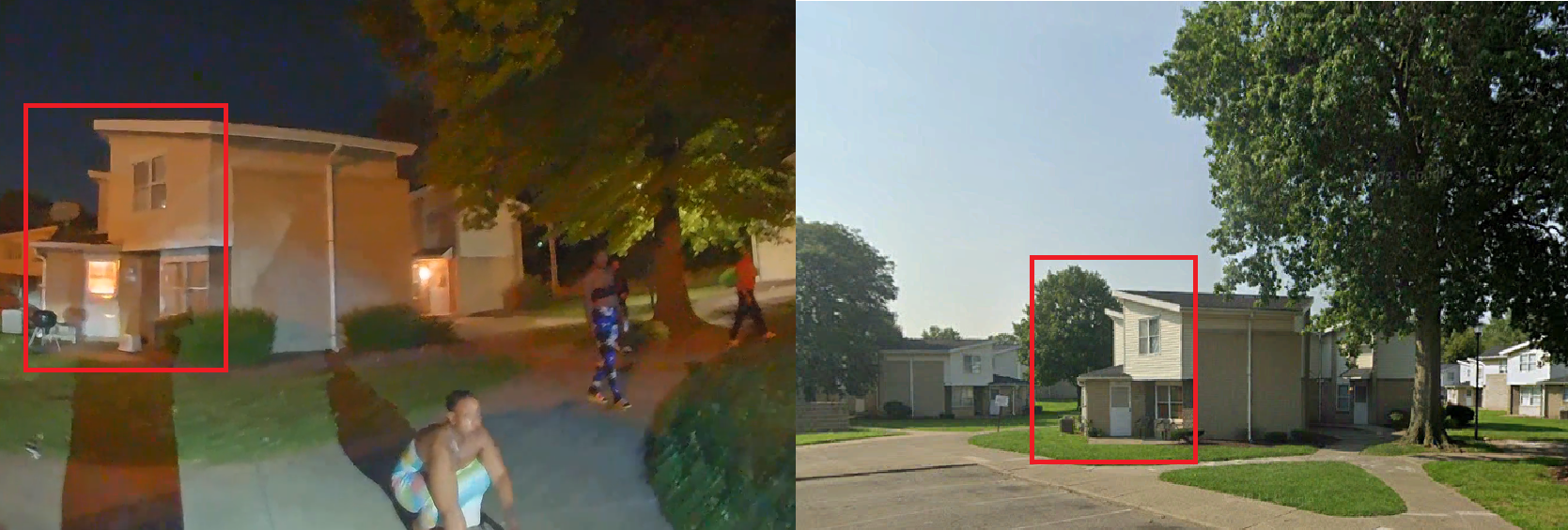 At left is the body cam footage provided by Canton police. At right is Google Street View. We outlined in red the building that enabled us to geolocate the video to 13th Street SE in Canton.