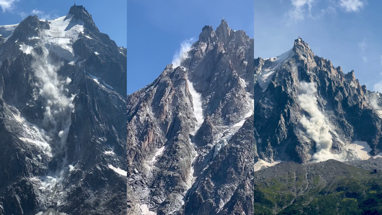 Videos posted on social media show massive rockslides under the Aiguille du Midi in the French Alps on Aug. 7, Aug. 27 and Aug. 31, 2024.