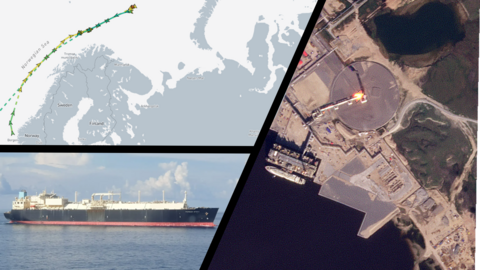 A satellite image taken by Planet on August 1, 2024 (right) shows a tanker at the port of Arctic LNG 2, a Russian liquefied natural gas project sanctioned by the United States. Industry analysts identified the ship as the Pioneer, an LNG tanker that reported its presence that day 1200km to the west, in the Barents Sea.