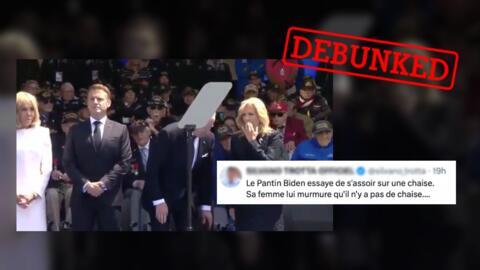 On social media, users shared a video that shows US President Joe Biden attempting to sit on an imaginary chair during the ceremony commemorating the 80th anniversary of the D-Day landings in Normandy. But the clip was edited.