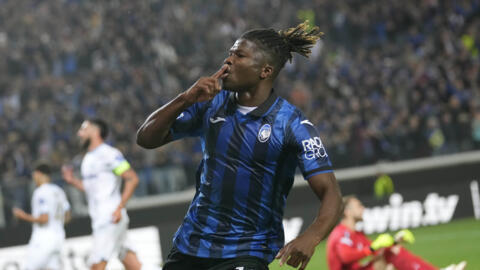 Le Malien El Bilal Touré, sous le maillot de l'Atalanta Bergame, célèbre son but contre l'Olympique de Marseille lors de la demi-finale retour de la Ligue Europa.