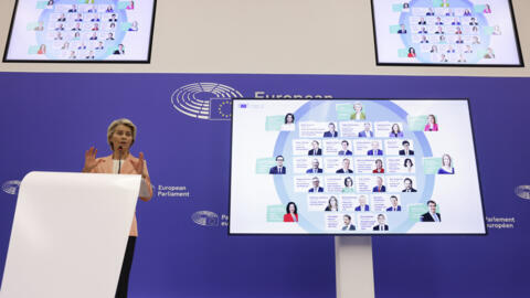 Von der Leyen presents her new team for the next five-year term, at the European Parliament in Strasbourg. 