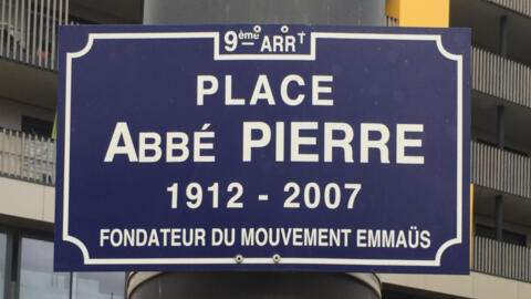 A street sign of the Abbé Pierre plaza in Lyon's 9th district, which will soon be removed.