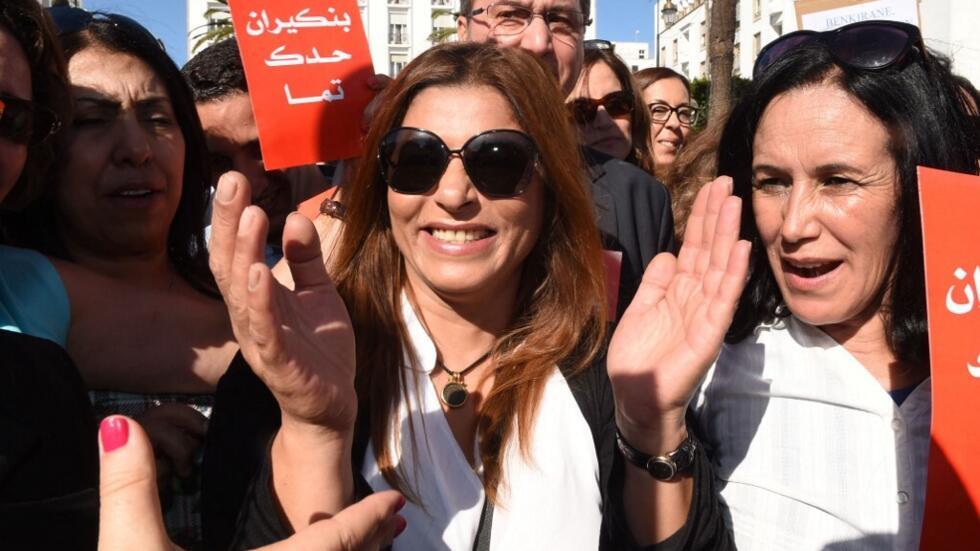 Samira Sitail, head of the news department of Moroccan channel 2M , shouts slogans during a demonstration in Rabat in 2014 against a speech by Moroccan Islamist premier Abdelilah Benkirane in which he urged women to stay at home and look after their families.  