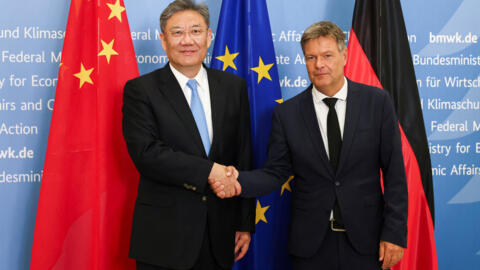 German Economy Minister Robert Habeck shakes hands with Chinese Commerce Minister Wang Wentao in Berlin, Germany, September 17, 2024