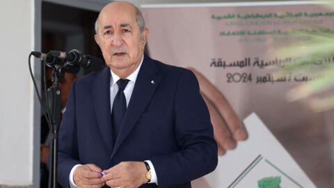 Algeria's President Abdelmadjid Tebboune speaking to the press after voting in Algiers on 7 September, 2024.