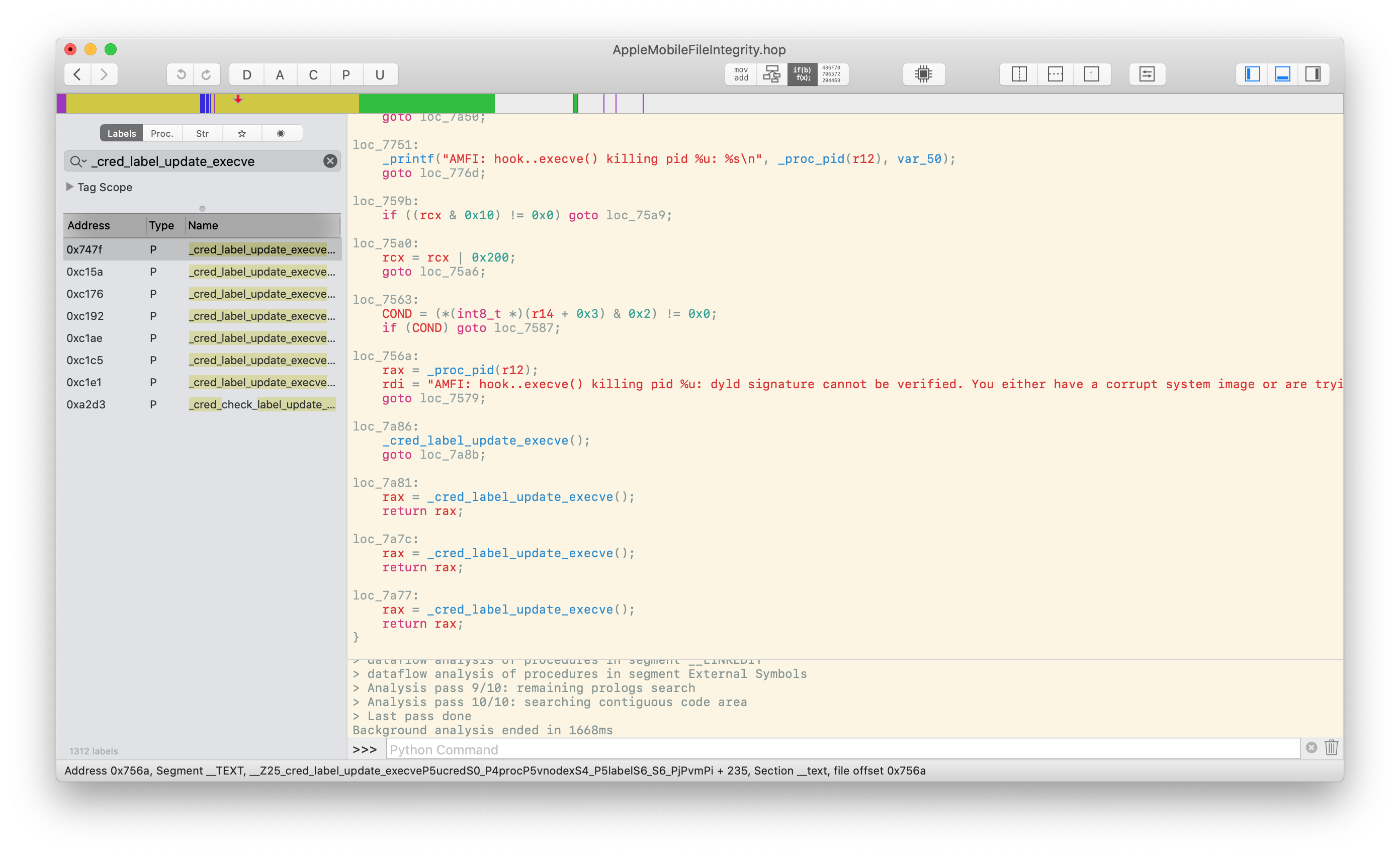 Hopper disassembly of the MAC hook _cred_label_update_execve, showing the check for CS_DYLD_PLATFORM