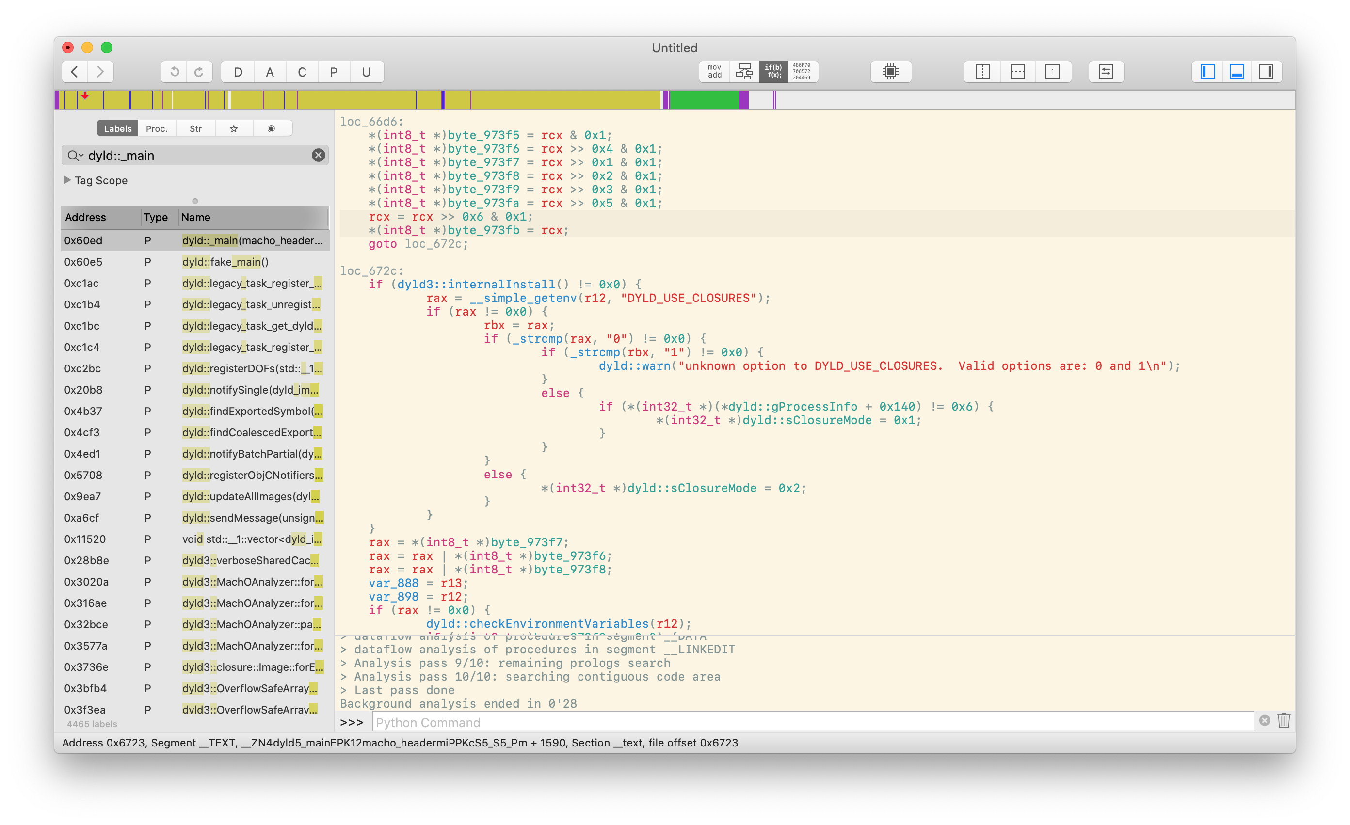 Hopper disassembly of dyld::_main, focused on code inlined from configureProcessRestrictions, highlighting the existence of a new AMFI flag