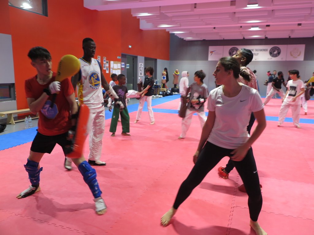 Marzieh Hamidi (right) trains with teammate Qanbari Matin at the Carmen Le Roux Gymnasium on May 18, 2024. 