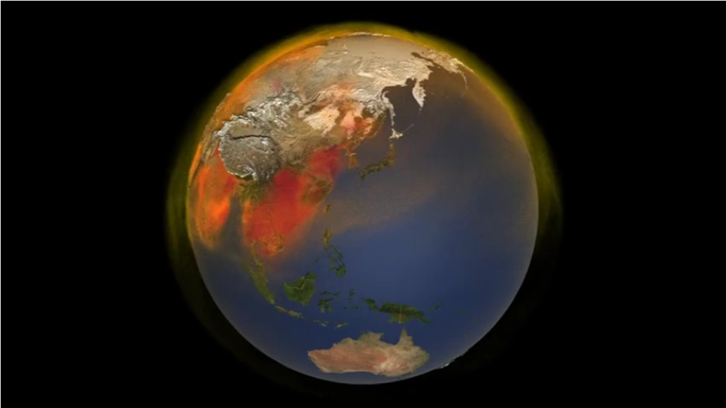 Planet Earth as viewed from space; methane emissions are indicated by an orange haze surrounding parts of the planet.