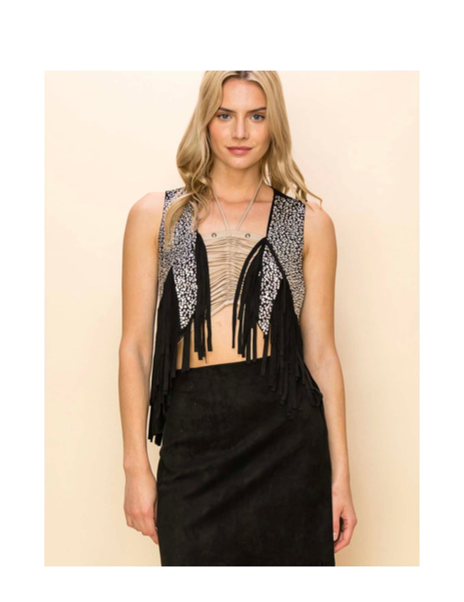 Cropped Rhinestone Fringe Vest