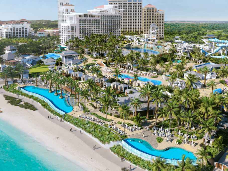 Aerial view of Baha Bay water park, a luxurious oceanside water park in Nassau, Bahamas. 