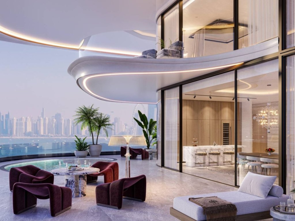 a stylish residence with floor to ceiling windows and skyline views