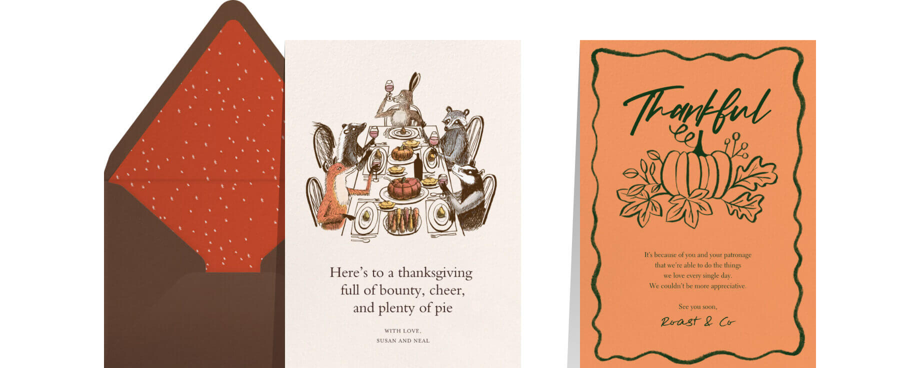 A Thanksgiving card featuring a dinner table with woodland creatures all eating together; An orange Thanksgiving card featuring a pumpkin and cursive lettering reading ‘THANKFUL’.