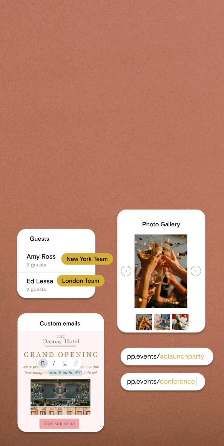 Graphics showing examples of Paperless Post's Guest Tags feature, Photo Gallery feature, Custom Email feature, and customizable URL feature.