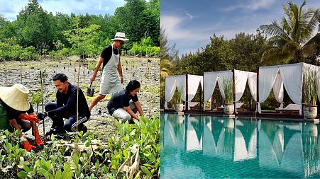 Khun Kade and other staff from The Sarojin plant mangrove trees at a local fisherman's village / The pool at The Sarojin