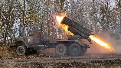 A "Grad" self-propelled 122 mm multiple rocket launcher fires toward Ukrainian position in the Kursk region, Russia.