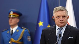 Slovakia's Prime Minister Robert Fico listens Serbian President Aleksandar Vucic during a news conference in the Serbia Palace in Belgrade, Serbia, Thursday, Nov. 21, 2024.