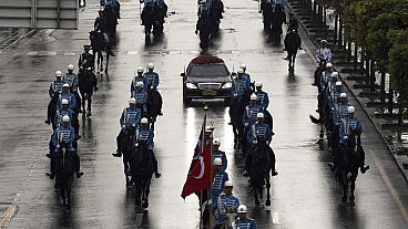 Turkish President Recep Tayyip Erdogan, with a mounted ceremony on the way to the Presidential complex following his visit to the mausoleum of Mustafa Kemal Ataturk