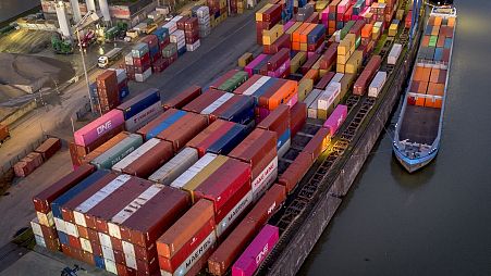 Multi-coloured containers seen in Frankfurt harbour