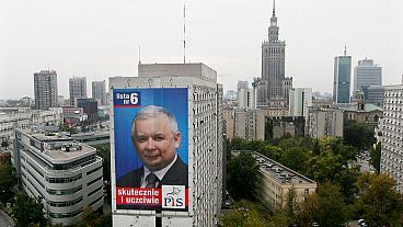 A big election campaign poster of the Law and Justice (PiS) party showing Polish Prime Minister Jaroslaw Kaczynski is seen in downtown Warsaw, Poland, Monday, Oct. 8, 2007.