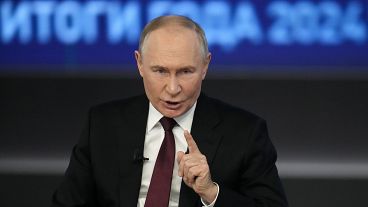 Le président russe Vladimir Poutine s'exprime lors de sa conférence de presse annuelle à Gostinny Dvor à Moscou, Russie.