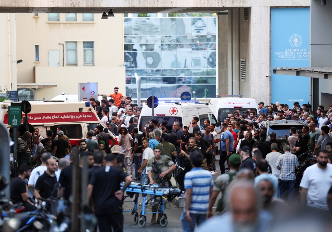 Ambulances arrive at the American University of Beirut Medical Center as more than 2,000 people, including Hezbollah fighters and medics, were wounded when their pagers exploded on September 17, 2024. 