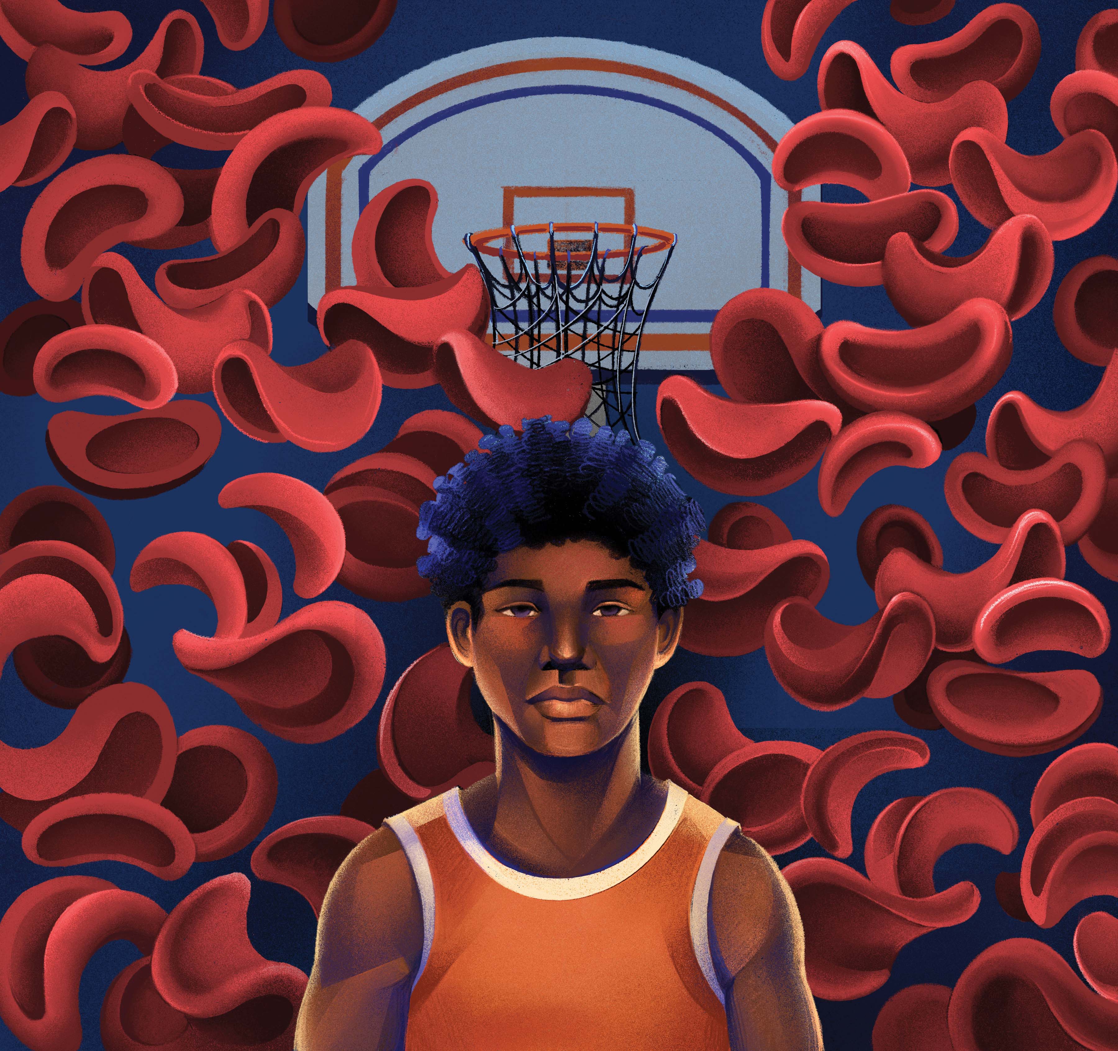 Illustration of a young black boy in front of a basketball hoop, surrounded by blood cells