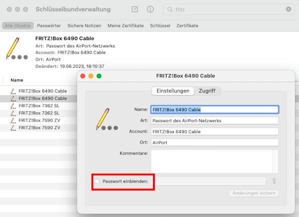 Schlüsselbundverwaltung mit WLAN-Passwort auf einem Mac