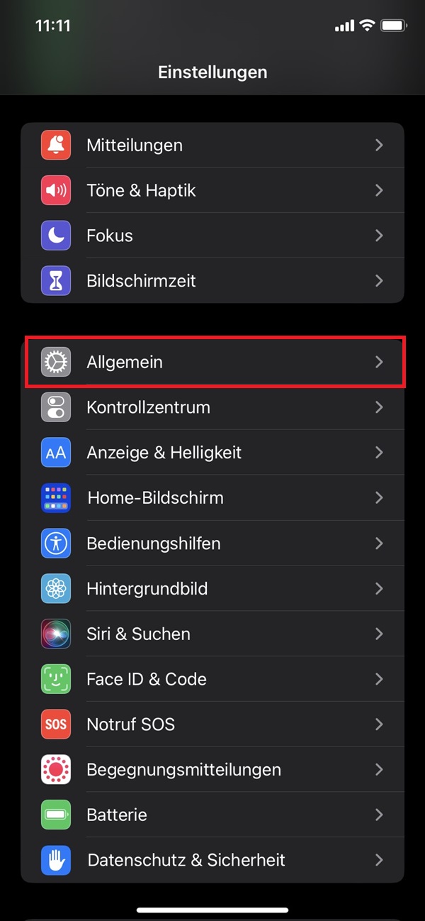 iPhone-Einstellungen mit markiertem Allgemein-Reiter