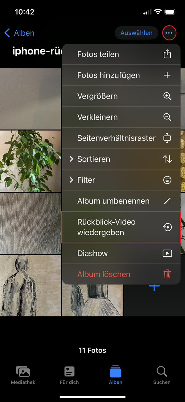 Screenshot vom Album mit Markierung von „Rückblick-Video wiedergeben“.