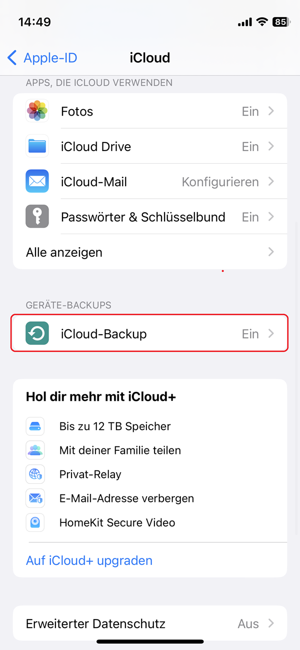 Screenshot von den Einstellungen in „iCloud“ eines iPhones.