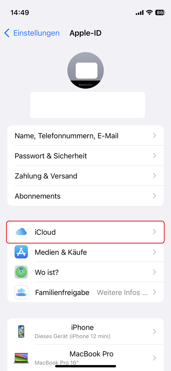 Screenshot von den Einstellungen in „Apple-ID“ eines iPhones.