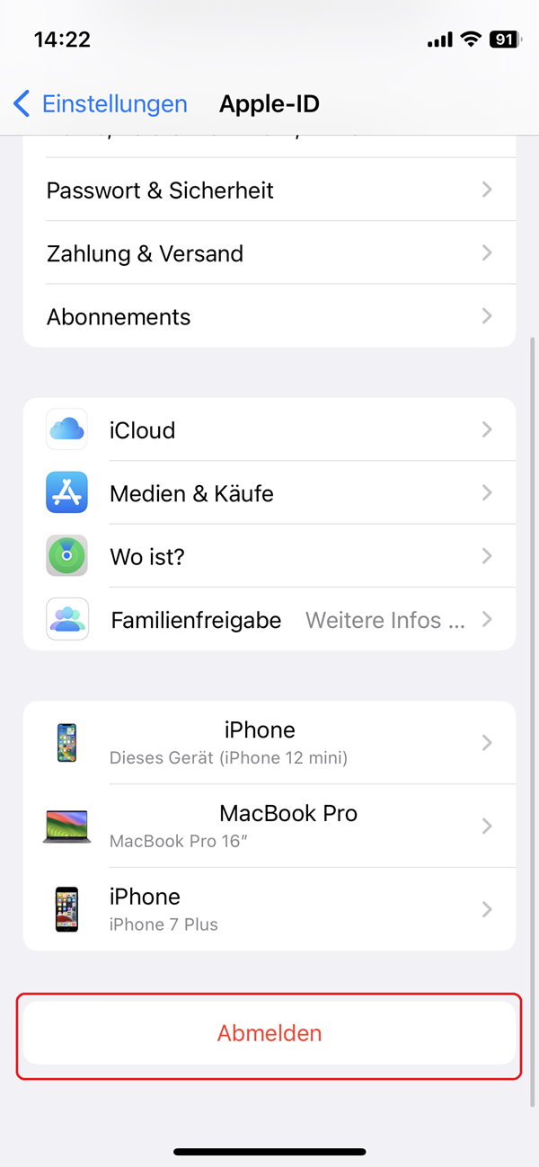 Screenshot von den Einstellungen in „Apple-ID“ eines iPhones.