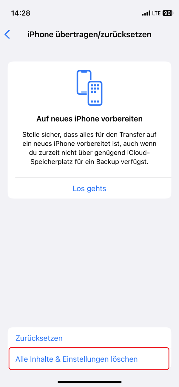 Screenshot von den Einstellungen in „iPhone übertragen/zurücksetzen“ mit roter Markierung bei „Alle Inhalte & Einstellungen löschen“.