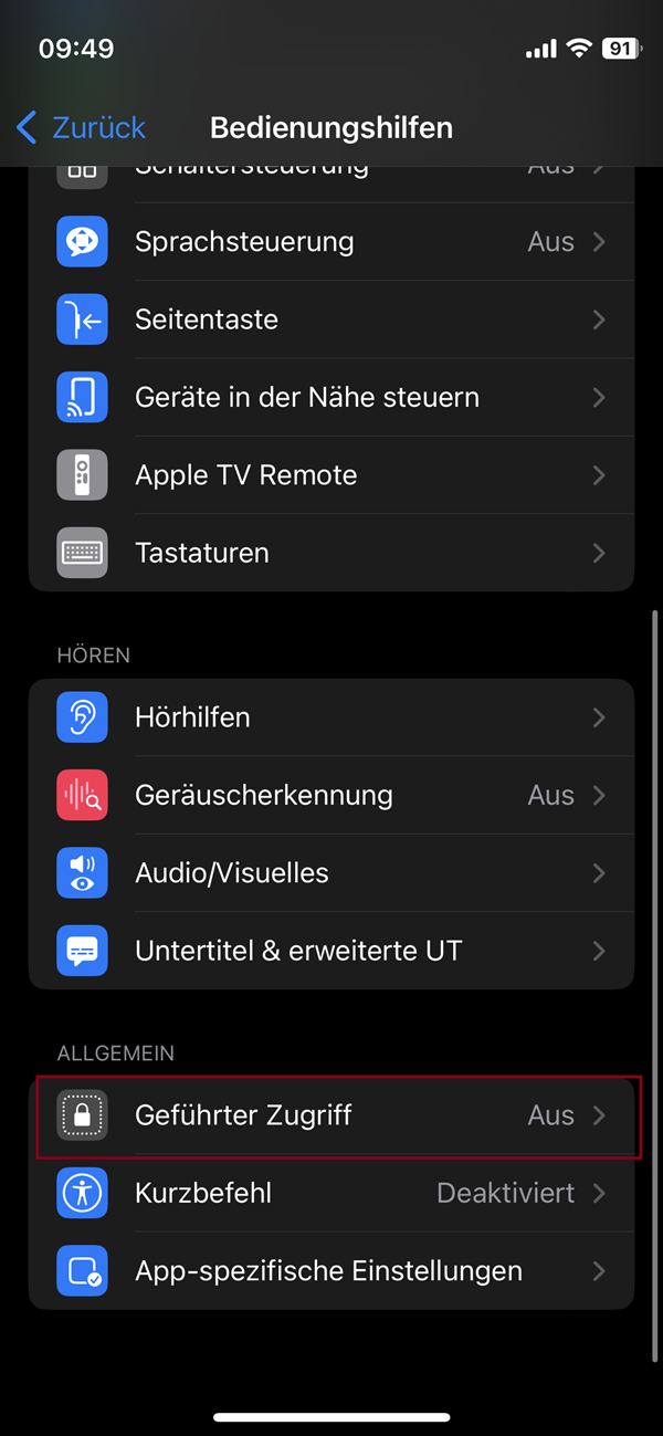 Screenshot von Einstellungen mit Markierung bei „Geführter Zugriff“.