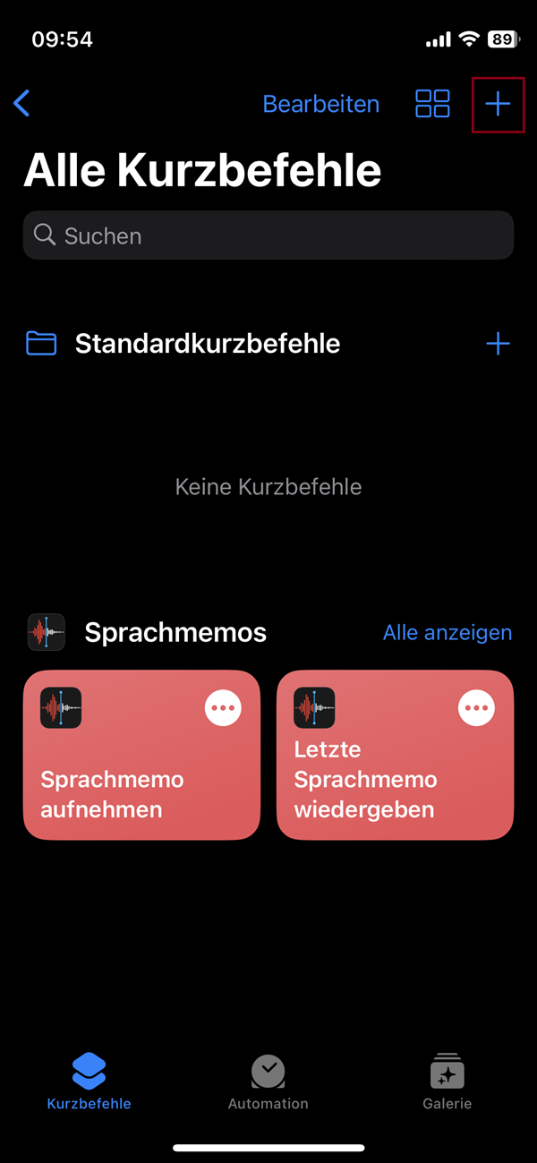 Screenshot von Menü in „Kurzbefehle“ mit Markierung von „+“.