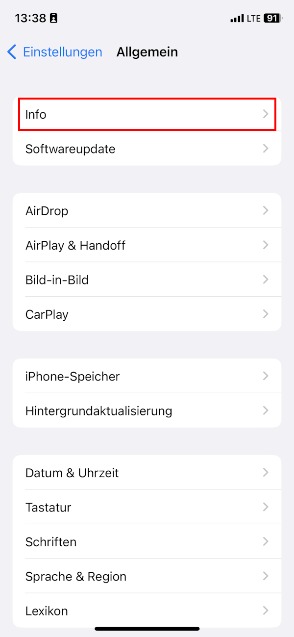 Screenshot Info mit Namen des iPhones